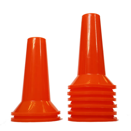 Two orange Training Cones - Set of 48 by Martin Berrill Sports stand upright on a white background; the right cone is taller with nested cones, while the left stands alone—perfect for versatile coaching drills.