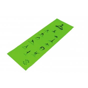The Sure Shot Yoga Mat by Sure Shot is a green cushioned, non-slip mat featuring black illustrations of yoga poses in two rows along its length.