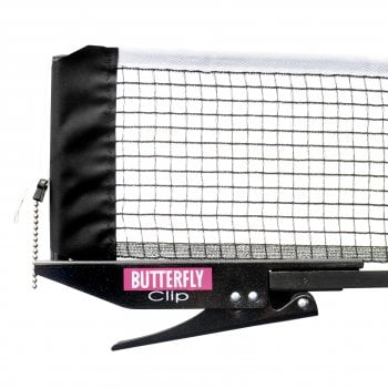 Close-up of the Butterfly Clip Net and Post, featuring a metal post, nylon net with white top edge, and a secure black Butterfly-branded clamp for easy attachment to the table.