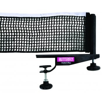 A close-up of the Butterfly Matchplay Net and Post, featuring a black cotton net with a Butterfly clamp secured to the table edge—perfect for championship-level play.