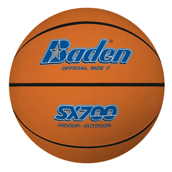 A Baden Sports SX Tan Basketball, featuring a composite rubber cover, black lines, and blue branding text with "Official Size 7" and "SX700 Indoor-Outdoor," is shown against a white background—ideal for recreational play.