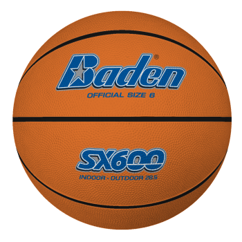 The Baden Sports SX Tan Basketball features a composite rubber cover, black lines, blue brand name, Official Size 6 (28.5"), and is designed for indoor-outdoor recreational play on any court.