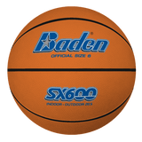 The Baden Sports SX Tan Basketball features a composite rubber cover, black lines, blue brand name, Official Size 6 (28.5"), and is designed for indoor-outdoor recreational play on any court.