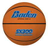 The Baden SX Tan Basketball by Baden Sports features a composite rubber cover and SX300 INDOOR-OUTDOOR branding. Labeled OFFICIAL SIZE 3, it's ideal for recreational play on any court.