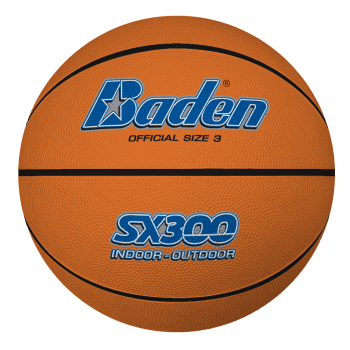 The Baden SX Tan Basketball by Baden Sports features a composite rubber cover and SX300 INDOOR-OUTDOOR branding. Labeled OFFICIAL SIZE 3, it's ideal for recreational play on any court.