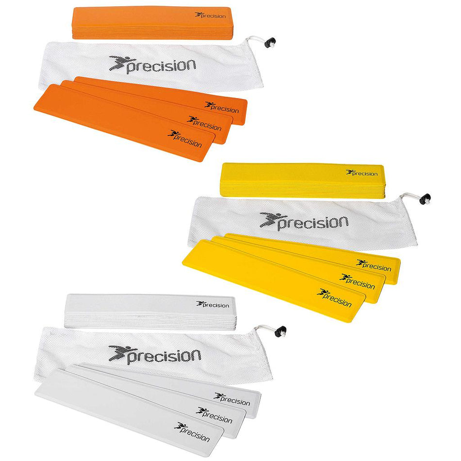A set of 15 Precision Rectangular Rubber Markers by Precision Training in orange, each with non-slip backing and a matching mesh carry bag, are neatly stacked next to the labeled bag.