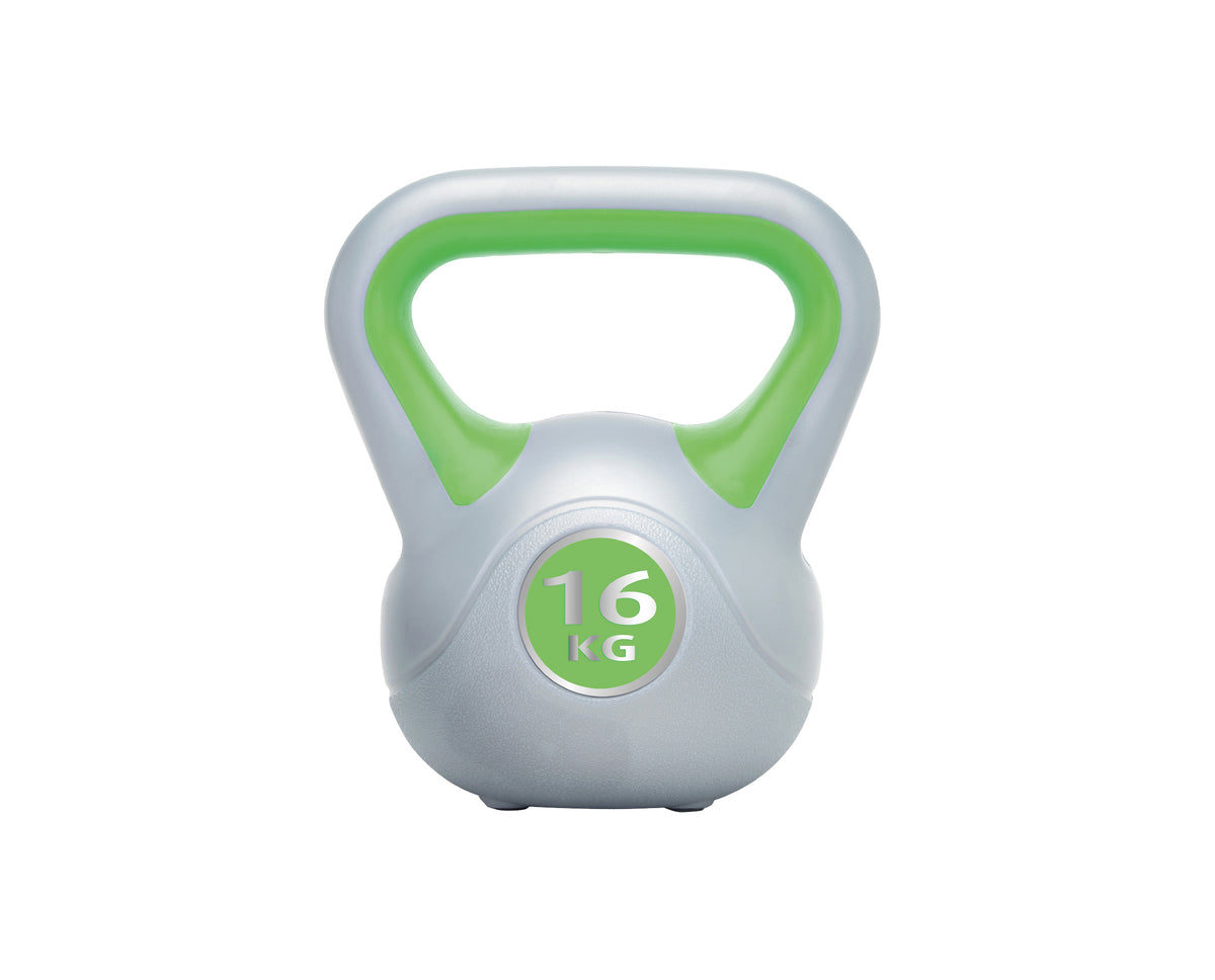 The Urban Fitness Vinyl Kettlebell by Urban Fitness features a gray body, green handle, and a front label showing 16 KG in white on green. Ideal for core stability and functional strength. Set against a white background.