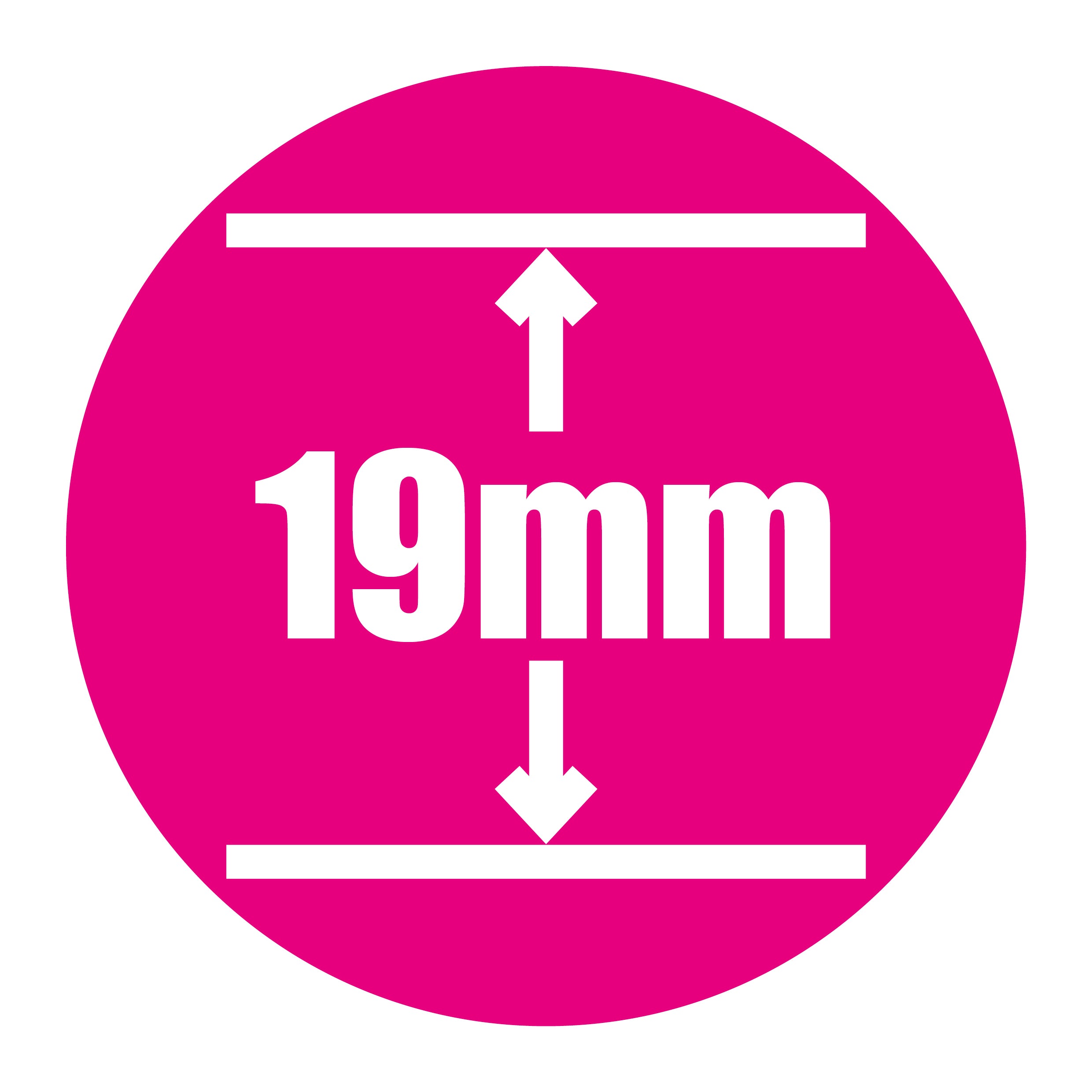 A pink circle with white '19mm' text in the center, flanked by double-headed arrows and lines, highlights the 19mm top of the Butterfly Active 19 Home Rollaway Table Tennis Table by Butterfly—perfect for home recreational play.