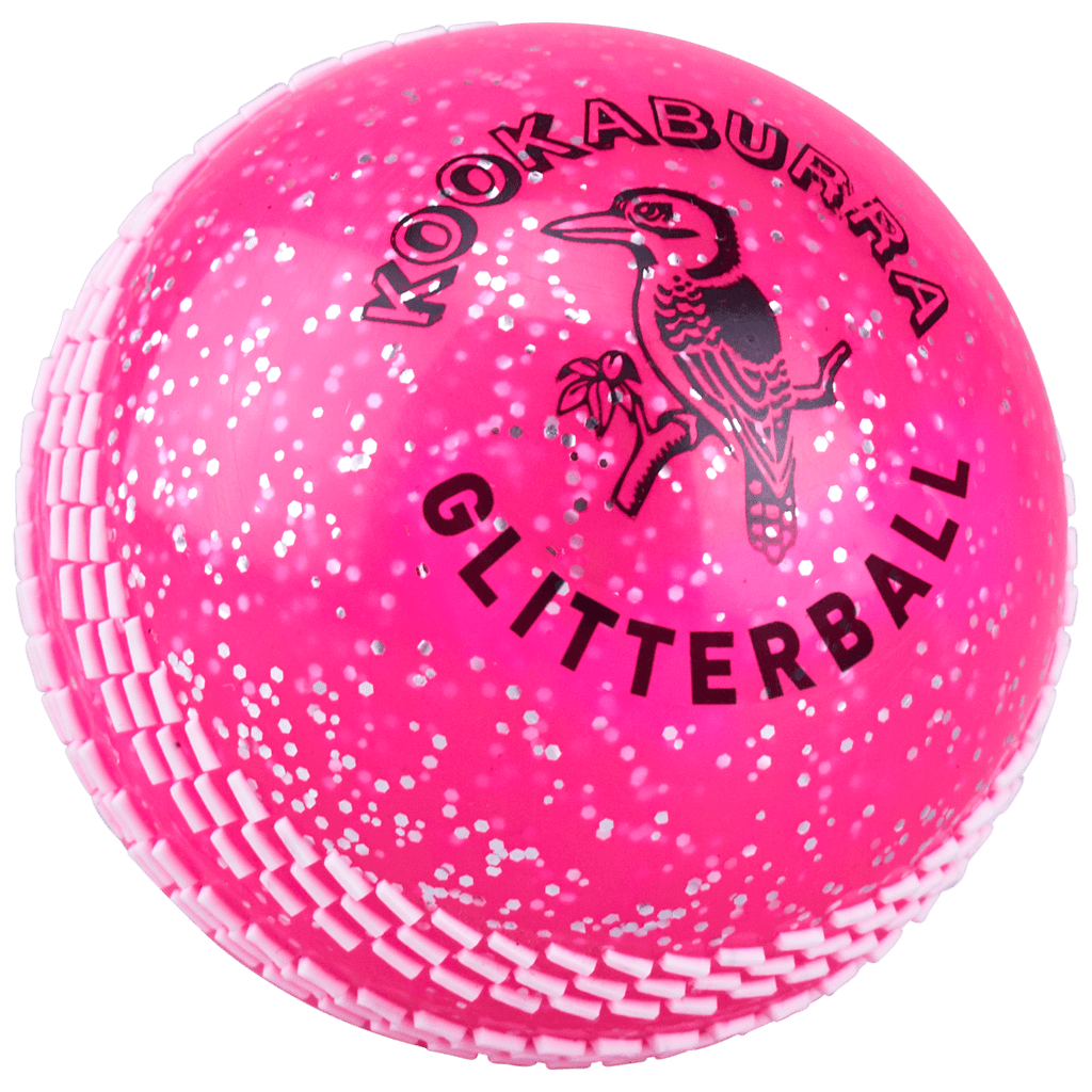 A bright pink Kookaburra Glitter ball cricket training ball, labeled “Kookaburra Glitter ball” in bold black letters, and featuring the Kookaburra brand logo above the text.