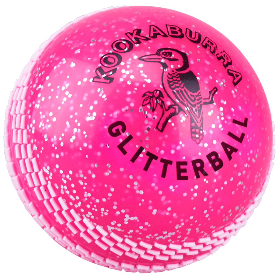A bright pink Kookaburra Glitter ball cricket training ball, labeled “Kookaburra Glitter ball” in bold black letters, and featuring the Kookaburra brand logo above the text.