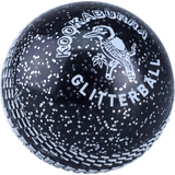 The Kookaburra Glitter ball is a black soft plastic training ball by Kookaburra, covered in silver glitter with "Kookaburra Glitterball" and a kookaburra bird image printed in white on its surface.