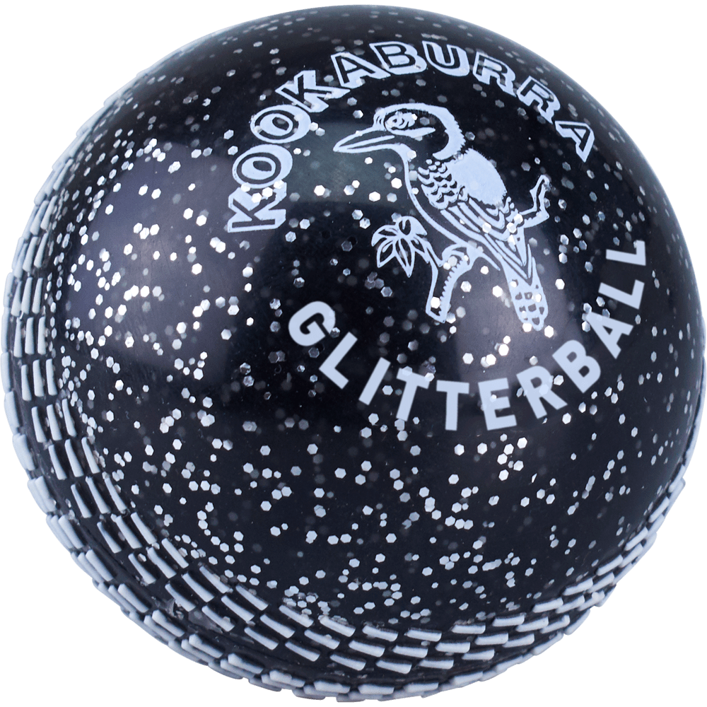 The Kookaburra Glitter ball is a black soft plastic training ball by Kookaburra, covered in silver glitter with "Kookaburra Glitterball" and a kookaburra bird image printed in white on its surface.