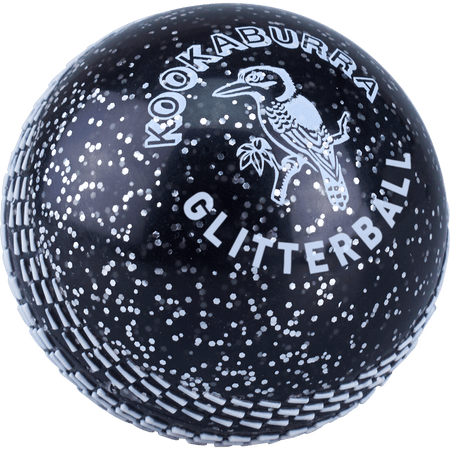 The Kookaburra Glitter ball is a black soft plastic training ball by Kookaburra, covered in silver glitter with "Kookaburra Glitterball" and a kookaburra bird image printed in white on its surface.