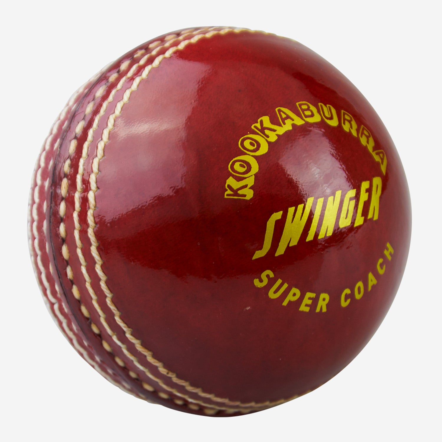 The Kookaburra Super Coach Swinger is a shiny red cricket training ball with "SWINGER" and "SUPER COACH" in yellow print and prominent stitched seams—ideal for mastering your swinger ball technique.