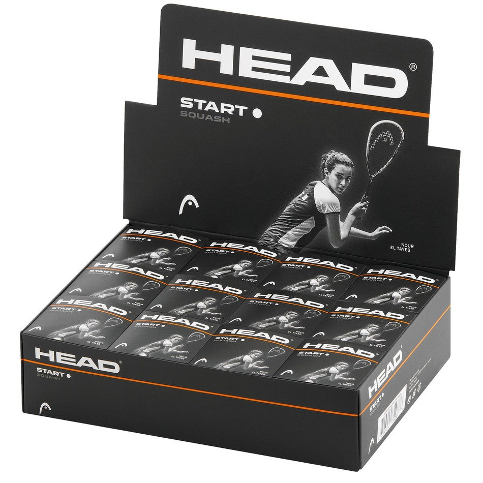 A box of 12 Head Start Squash Balls (Single White Dot) by Head features black packaging with a female squash player in action and the Head logo—perfect for recreational players wanting higher bounce.