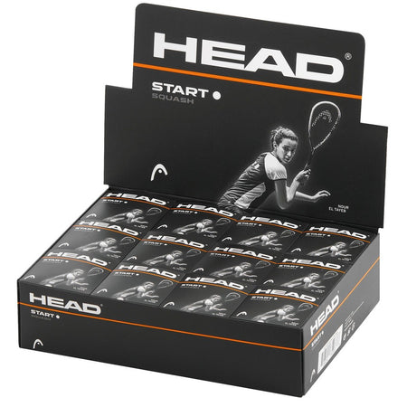 A box of 12 Head Start Squash Balls (Single White Dot) by Head features black packaging with a female squash player in action and the Head logo—perfect for recreational players wanting higher bounce.