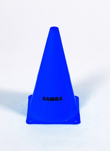 A blue 9" Samba Sports traffic cone from the set of 4 stands upright on a white surface, with "SAMBA" printed in black on its side.
