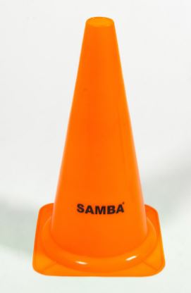 A set of 4 orange Samba Traffic Cones by Samba Sports, each with a square base and SAMBA printed in black, perfect for coaching, shown against a white background.