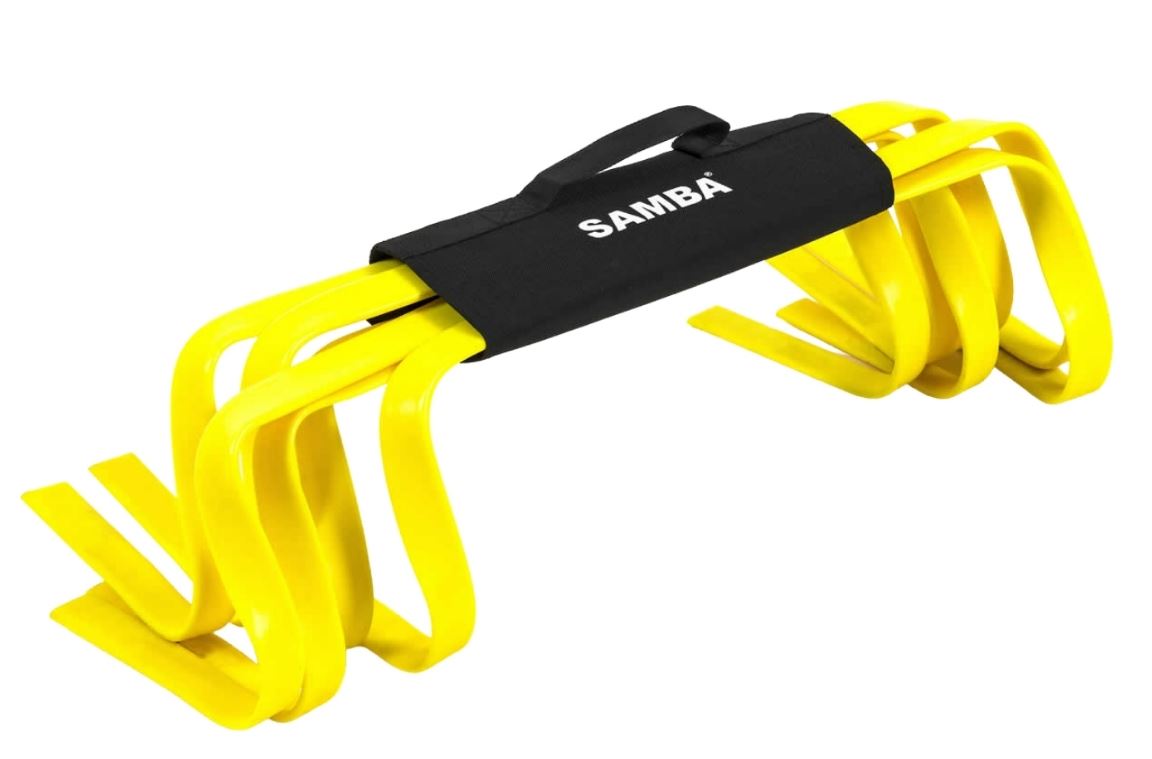 Samba Speed and Agility Hurdles by Samba Sports are bright yellow, curved hurdles stacked together with a black carrying strap. Ideal for sports, jump training, or agility drills.