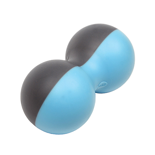 The Fitness Mad Peanut Massage Ball by Fitness Mad features two connected spheres, each half blue and half black, designed for targeted back massage and effective muscle pain relief during physical therapy.