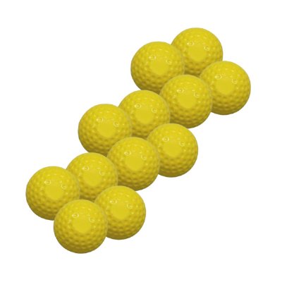 Twelve Hunts County Slider Bowling Machine Balls, regulation size and yellow, are arranged in a staggered pattern on a white background.