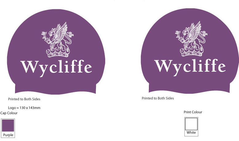 Two purple Custom Printed Silicone Swim Caps by Martin Berrill Sports, each featuring a white crest with a bird above a shield and "Wycliffe" in bold letters; color and print details are shown below each cap.