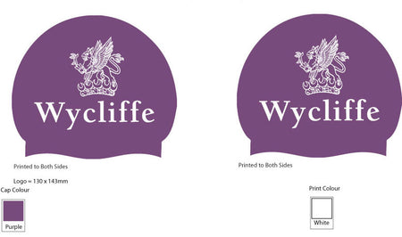 Two purple Custom Printed Silicone Swim Caps by Martin Berrill Sports, each featuring a white crest with a bird above a shield and "Wycliffe" in bold letters; color and print details are shown below each cap.