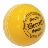 The Storm PVC Coaching & Training Ball by Martin Berrill Sports is a bright yellow ball featuring white seam patterns and black-printed branding—ideal for training sessions or use as a coaching ball.