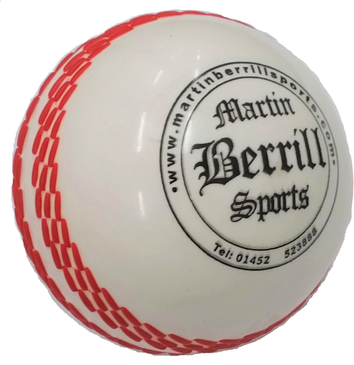The Storm PVC Coaching & Training Ball by Martin Berrill Sports is a white training ball with red stitching, ideal for coaching or Kwik Cricket sessions, and features the Martin Berrill Sports logo on one side.