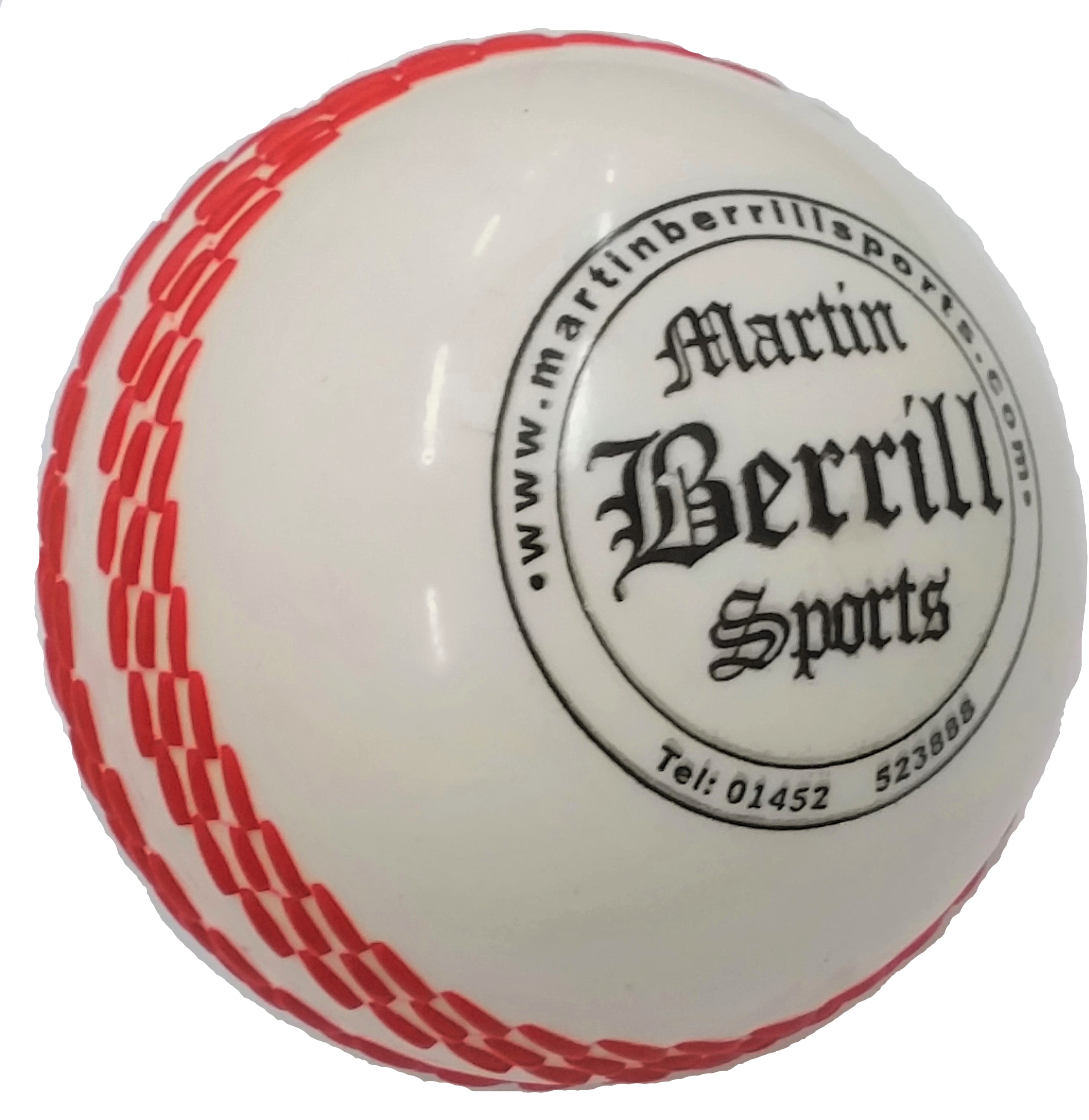 The Storm PVC Coaching & Training Ball by Martin Berrill Sports is a white training ball with red stitching, ideal for coaching or Kwik Cricket sessions, and features the Martin Berrill Sports logo on one side.