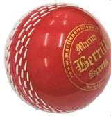 The Storm PVC Coaching & Training Ball by Martin Berrill Sports is a red ball with white stitching and a gold logo, ideal for Kwik Cricket and training sessions.