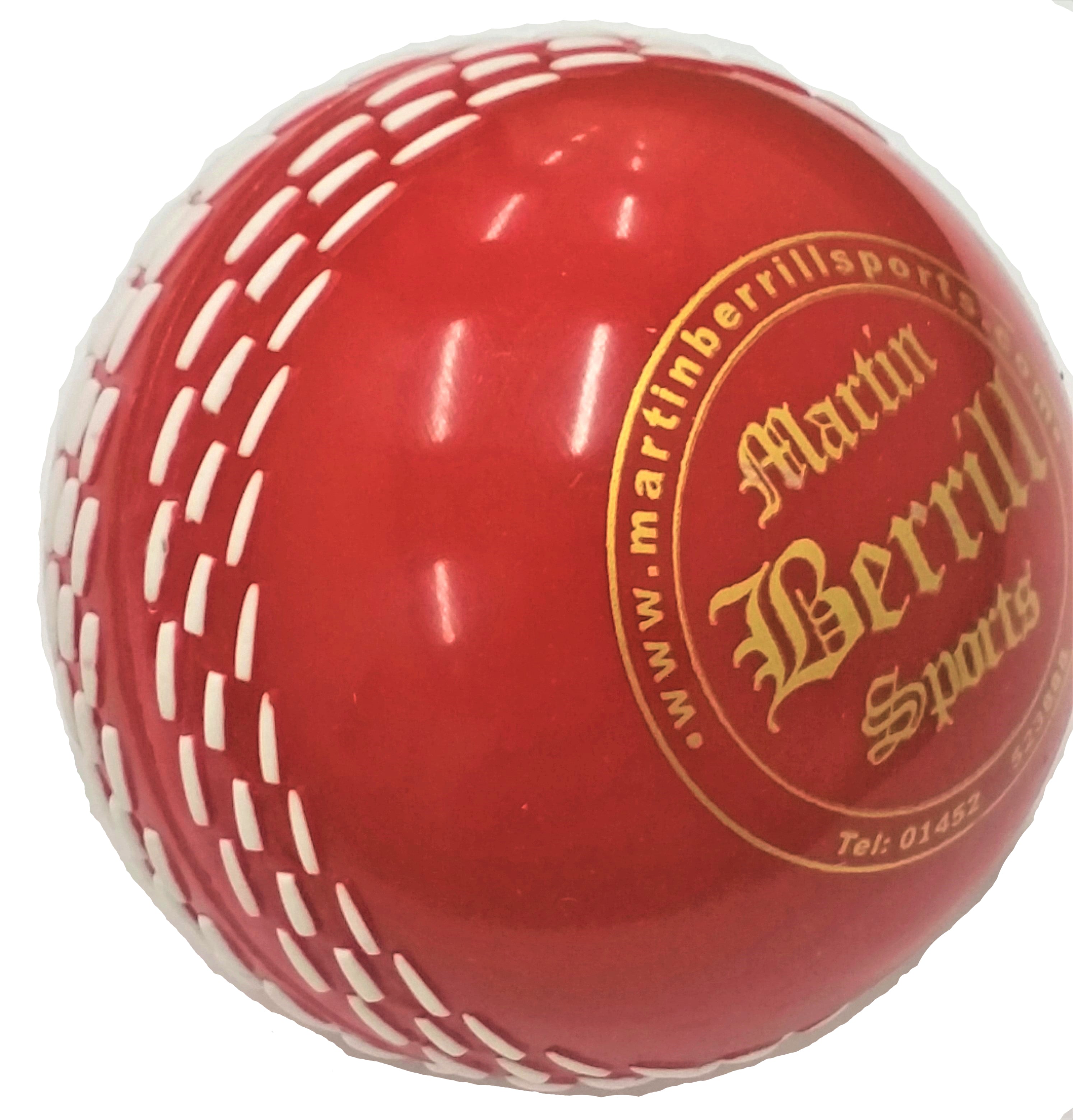 The Storm PVC Coaching & Training Ball by Martin Berrill Sports is a red ball with white stitching and a gold logo, ideal for Kwik Cricket and training sessions.