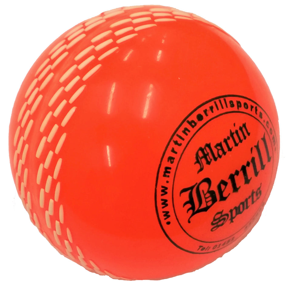 The Storm PVC Coaching & Training Ball by Martin Berrill Sports is an orange ball with white stitching and the brand logo—ideal for Kwik Cricket sessions.