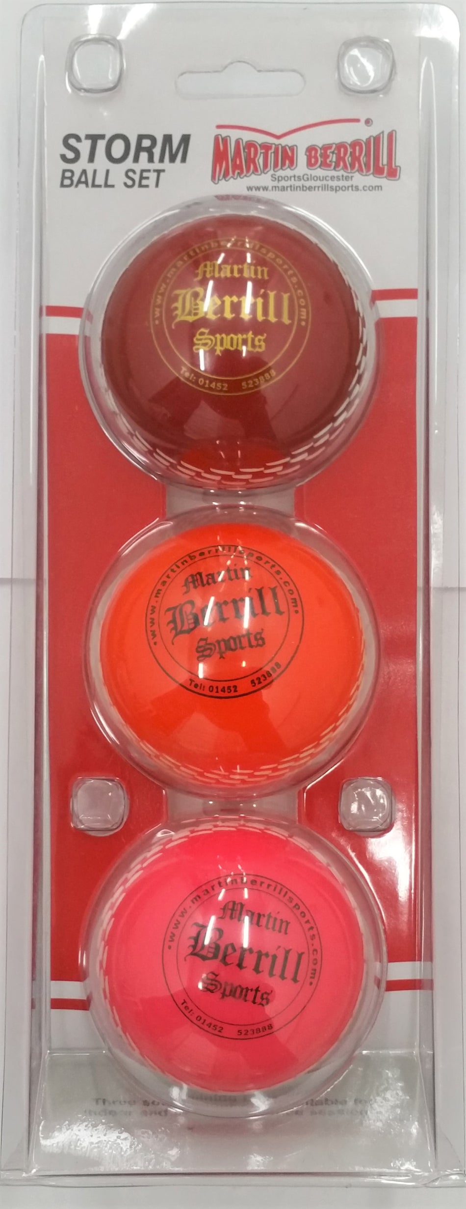 The Martin Berrill Sports Storm Ball Set includes three training balls in red, orange, and pink, each featuring the Martin Berrill Sports logo—perfect for youth cricket coaching sessions.