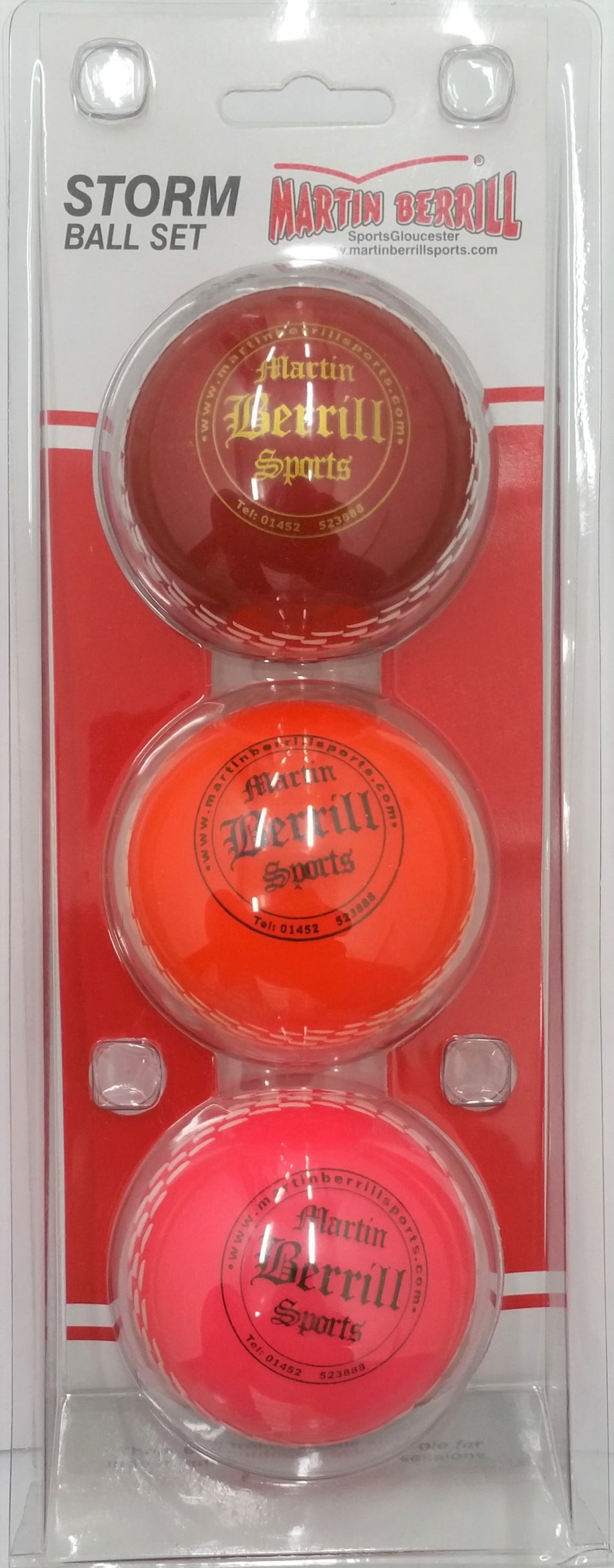The Martin Berrill Sports Storm Ball Set includes three vertically arranged red, orange, and pink training balls—perfect for coaching and developing youth cricket skills. Brand: Martin Berrill Sports.