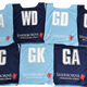 Seven Gilbert Personalised Netball Bibs (Single Bibs) in light blue and navy, each with a unique position (WA, WD, GD, GS, C, GK, GA), Sherborne Preparatory School name and red lion logo on every bib.