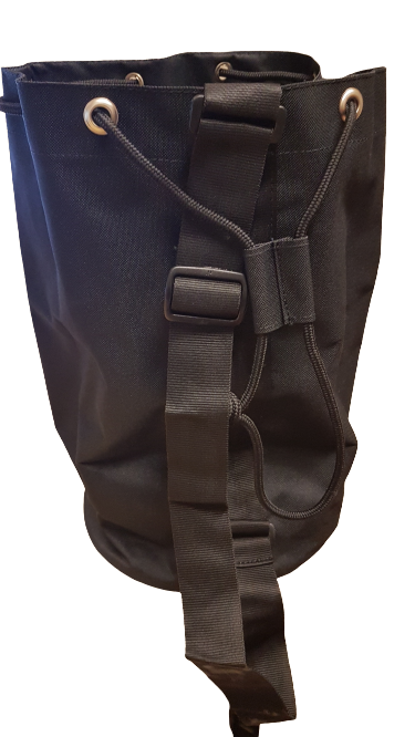 The Martin Berrill Sports Ball Duffle Bag is a black canvas bag with metal grommets, drawstring closure, and adjustable shoulder strap, designed for sports ball storage and shown standing upright against a plain white background.