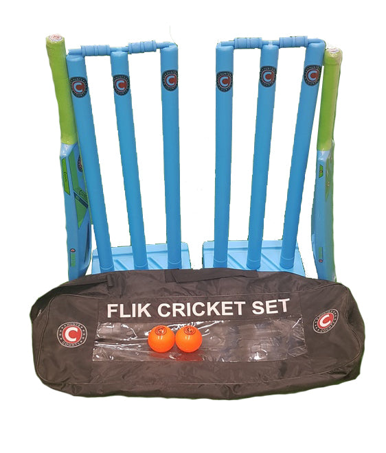 The Hunts County Flik Cricket Set (Full) by Hunts County includes two blue plastic wickets, two orange balls, a black FLIK CRICKET SET carrying bag, and sturdy plastic bats arranged in front of the gear.