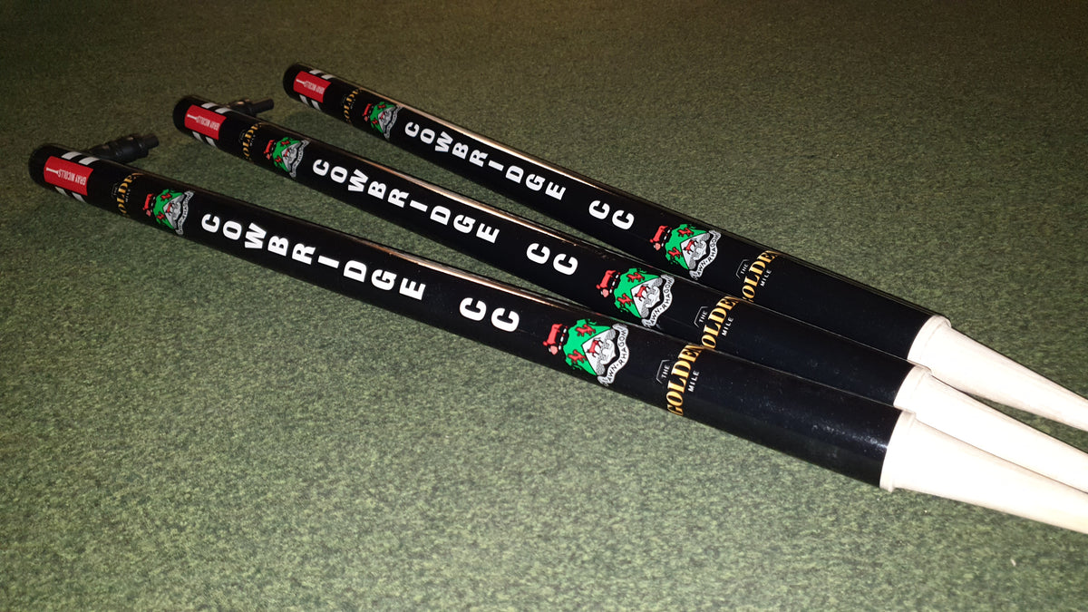 Three Gray Nicolls Custom Printed Club Cricket Stumps, with unique designs for your club, stand side by side—just as practice chanters with white mouthpieces display musical notes on a green carpet.