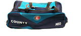 The Hunts County Neo Wheelie Cricket Bag in Navy/Sky features COUNTY NEO and the HUNTS COUNTY logo on the side, strong black straps, and a spacious zippered main compartment for your cricket gear.