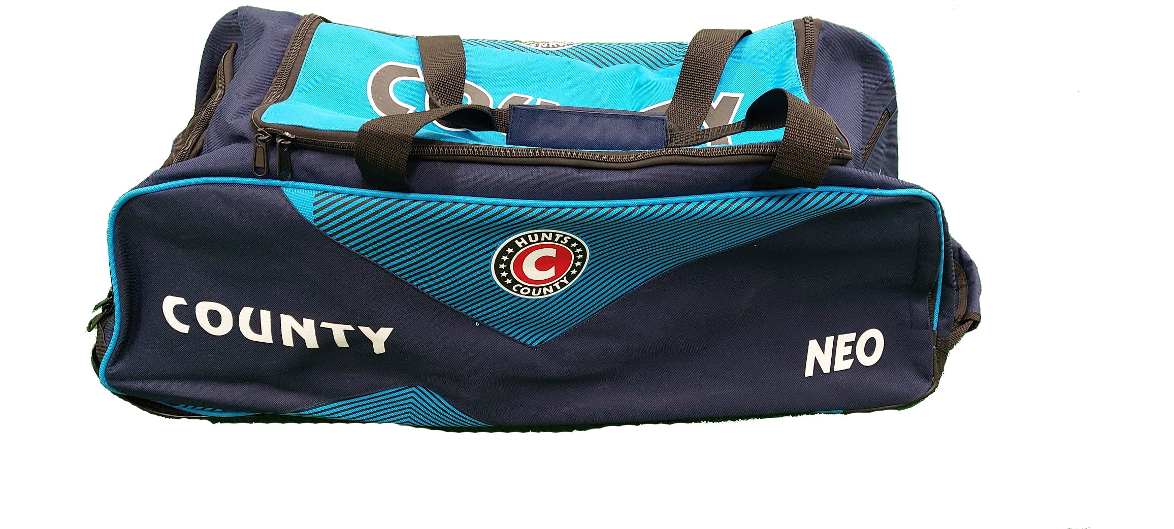 The Hunts County Neo Wheelie Cricket Bag in Navy/Sky features COUNTY NEO and the HUNTS COUNTY logo on the side, strong black straps, and a spacious zippered main compartment for your cricket gear.