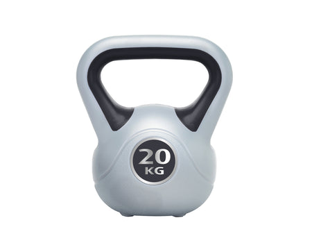 The Urban Fitness Vinyl Kettlebell by Urban Fitness is light gray with a black handle, features a front label showing its 20 kg weight, and is ideal for building functional strength and core stability, shown on a white background.