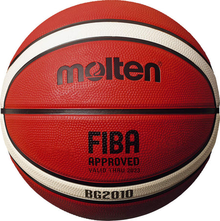 The Molten BG2010 Deep Channel Basketball by Molten features a red, white, and brown design with black text reading FIBA APPROVED, VALID THRU 2023, and BG2010. This training ball has a textured pattern for superior grip.