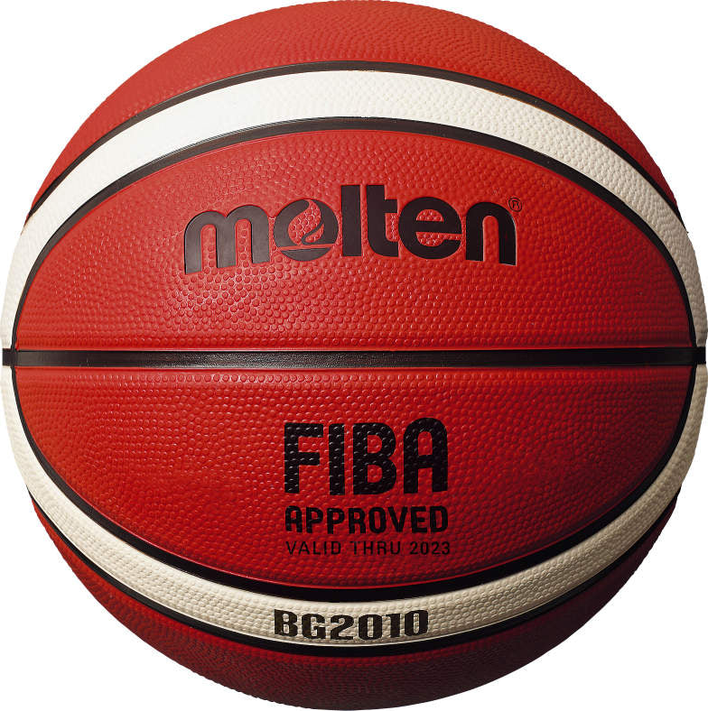 The Molten BG2010 Deep Channel Basketball by Molten features a red, white, and brown design with black text reading FIBA APPROVED, VALID THRU 2023, and BG2010. This training ball has a textured pattern for superior grip.