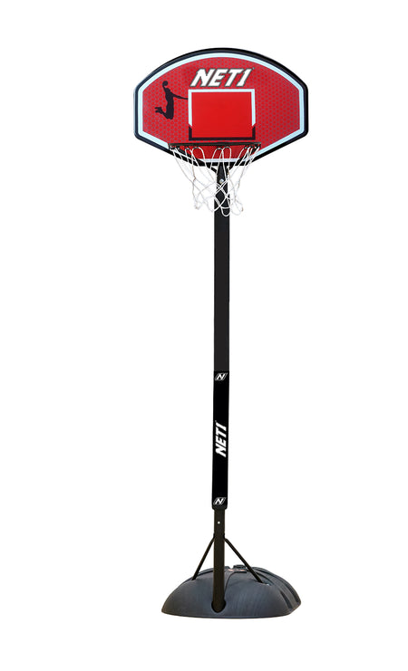 The Net1 Xplode Youth Portable Basketball System by Net1 features a red backboard, white net, black pole, and sturdy black base. This adjustable hoop ensures easy setup and hours of fun for young players.