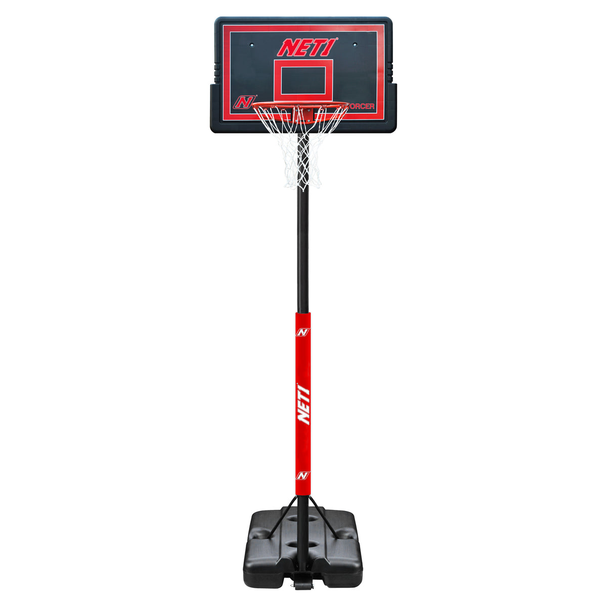 The Net1 Enforcer Portable Basketball System features a black and red backboard, red pole with the “NET1” logo, white net, sturdy black base—an adjustable hoop from Net1.