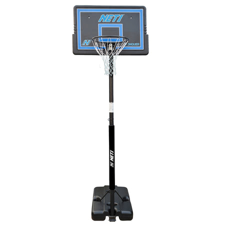 The Net1 Conquer Portable Basketball System by Net1 features a black and blue backboard, white net, adjustable black pole, and wheeled base for easy mobility—perfect as an outdoor hoop for basketball practice or play.