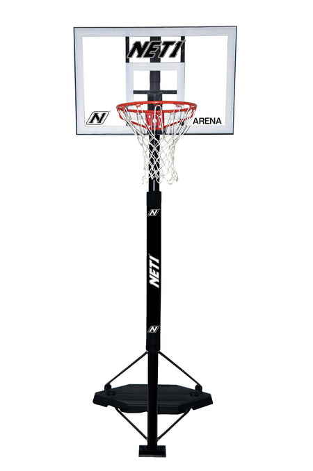 The Net1 Arena Portable Basketball System features a height adjustable black pole, sturdy base, clear polycarbonate backboard with red rim and white net, plus the Net1 brand displayed on both the backboard and pole.