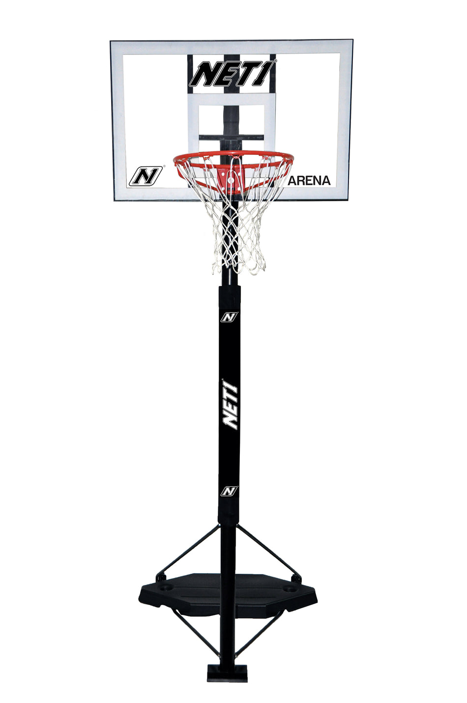The Net1 Arena Portable Basketball System features a height adjustable black pole, sturdy base, clear polycarbonate backboard with red rim and white net, plus the Net1 brand displayed on both the backboard and pole.