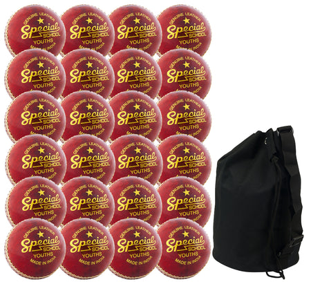 A set of 24 Readers Special School Cricket Balls, labeled Genuine Leather, Made in India, arranged next to a large black sports duffel bag. Includes free ball bag.